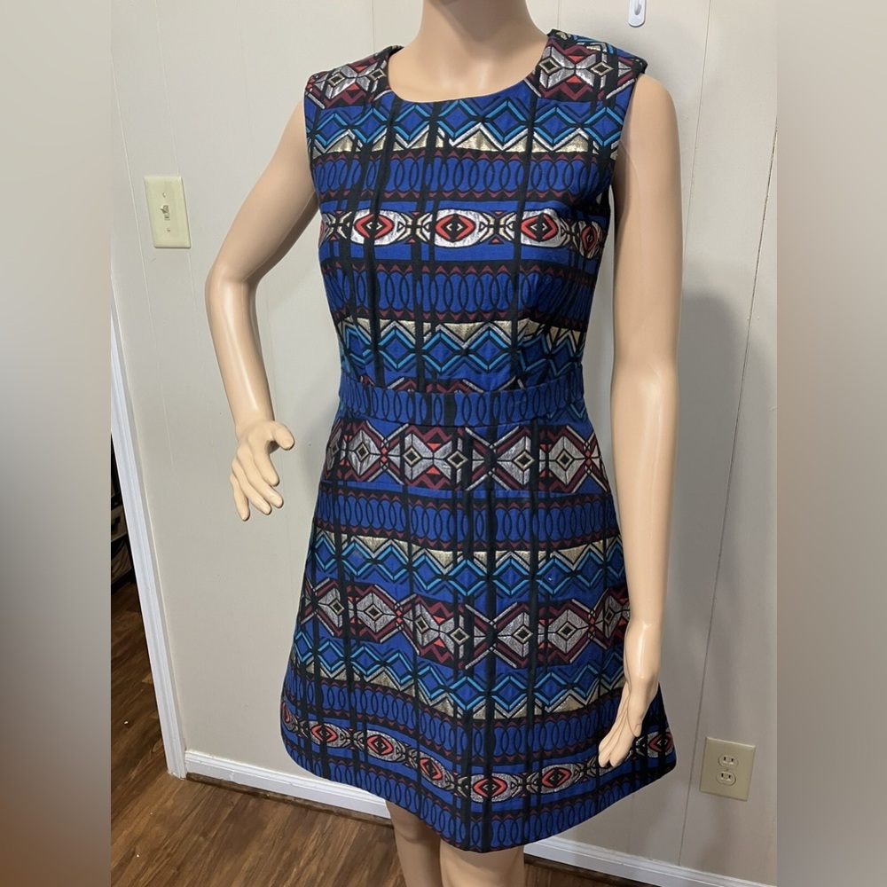 J.Crew Blue Geometric Jacquard Sleeveless Fit & Flare Dress (Size 4)